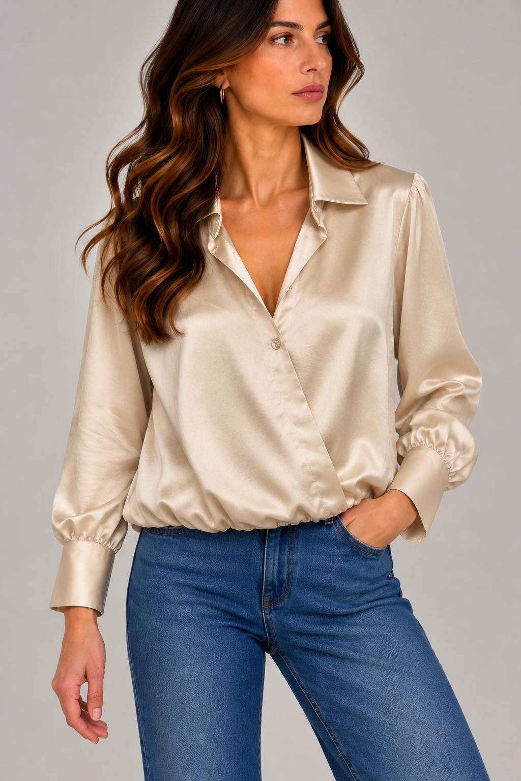 Blusa Effetto Raso con Scollo a Incrocio