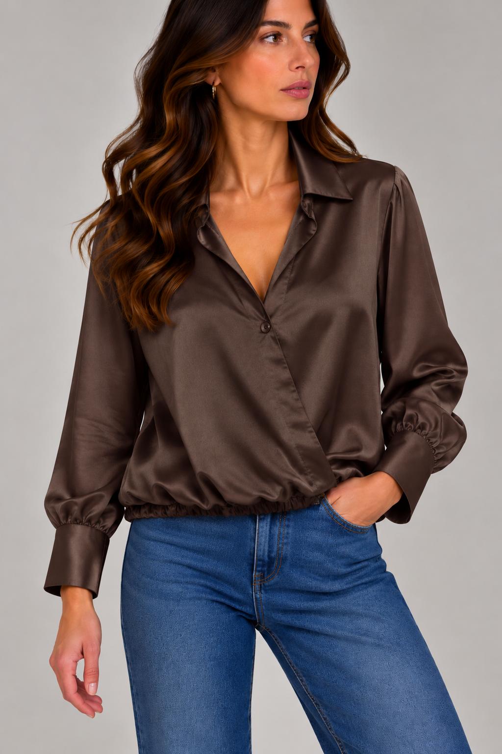 Blusa Effetto Raso con Scollo a Incrocio