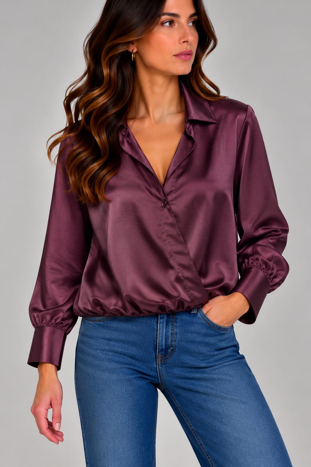 Blusa Effetto Raso con Scollo a Incrocio