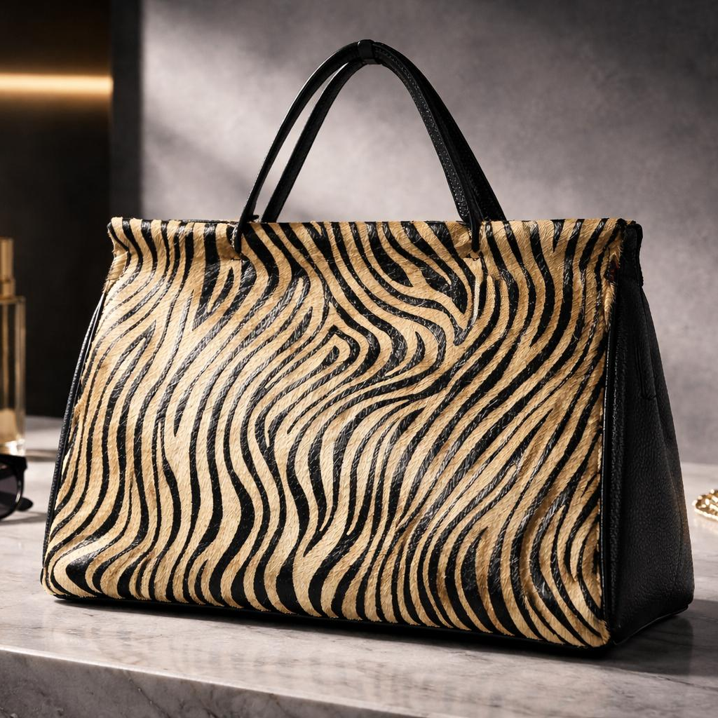 borsa in vera pelle nera con effetto cavallino zebrato